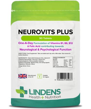 Lindens Neurovits Plus Tablets - 90 Pack - Contains Vitamin B1 B6 B12 & Folic Acid Contributes Towards Normal Psychological Function Healthy Heart & Nervous System - UK Manufacturer Letterbox Friendly 90 Count (Pack of 1)
