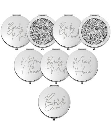 Roowest 8 Pieces Bridesmaid Mirrors Bride Bridesmaid Gifts Magnifying Compact Mirror Wedding Compact Cosmetic Mirror Handheld Pocket Makeup Mirror for Bridal Shower Gifts Wedding (Silver  White)