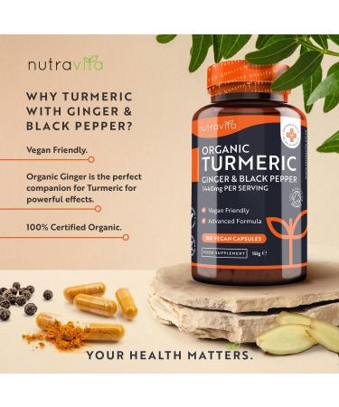 Nutravita Organic Turmeric 1440mg Capsules - High Strength with Black Pepper & Ginger - 180 Vegan Capsules - Buy Online on GoSupps.com