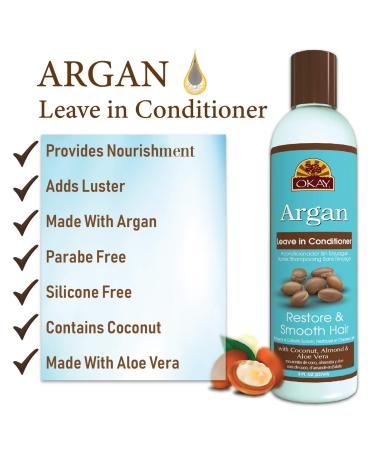 OKAY Argan Leave In Conditioner - Hydrating & Smoothing for All Hair Types | Paraben Sulfate Silicone Free - 8 Oz - Buy Online on GoSupps.com