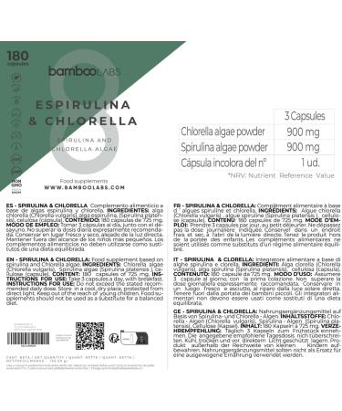 Bamboo Labs - Spirulina and Chlorella Vegan Food Supplements 180 capsules of 1800 mg promote the daily immune system muscle recovery and offer a Satiety effect - Buy Online on GoSupps.com
