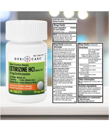GeriCare Cetirizine HCI 10mg Antihistamine Tablets 100 Count 24 Hour Seasonal & Year-Round Allergy Relief for Indoor & Outdoor Allergies Sneezing Runny Nose Itchy Eyes & Throat 100 Count (Pack of 1) - Buy Online on GoSupps.com