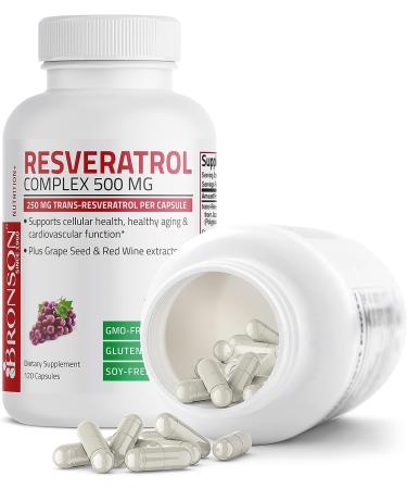 Bronson Resveratrol 500 Complex - 120 Capsules, Trans-Resveratrol, Grape Seed & Red Wine Extract - Buy Online on GoSupps.com