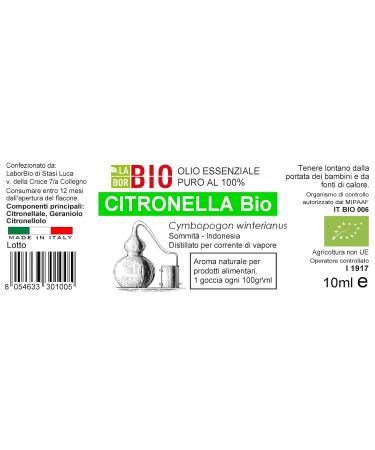 Organic Citronella Oil 10ml - 100% Pure Essential Oil for Aromatherapy & Therapeutic Use - Laborbio - Buy Online on GoSupps.com