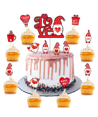 25 Pieces Wedding Red Cupcake Toppers Picks Red Heart Love KISS ME BE Mine Gnomes Happy Birthday Cake Topper Sweet Love Theme Party Cake Decor Supply Food Fruit Picks for Party Dessert Decoration Vn