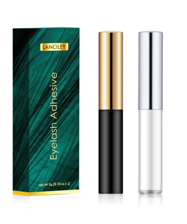 Lanciley False Eyelash Glue False Eyelash Glue with White and Black Applicator Brush Waterproof and Strong Hold False Eyelash Glue 3g*2