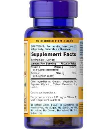 Puritan's Pride Vitamin E with Selenium 400 IU Softgels - Natural 100 RR | High Quality Supplements - Buy Online on GoSupps.com