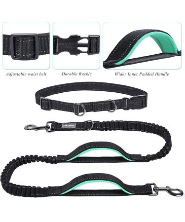 Vivaglory Reflective Waist Dog Leash | Free-Handed Bungee Leash for Medium & Large Dogs | Double Padded Handles | Perfect for Jogging & Training | Adjustable Waist 65-112cm - Black/Turquoise - Buy Online on GoSupps.com