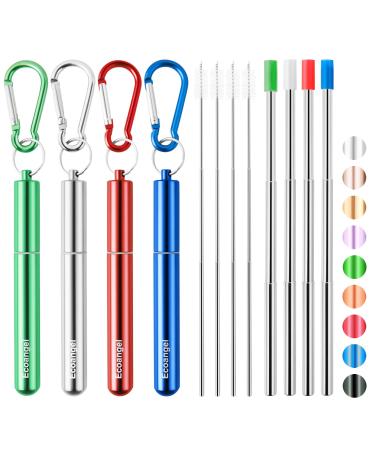 4 Pack Portable Reusable Metal Straw Collapsible Stainless Steel Drinking Straw Telescopic Straw to Drink Water Smoothie with Aluminum Key-chain Case & Cleaning Brush (Silver & blue & red & green)