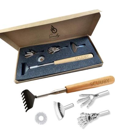 SCUUBY 6-Part Back Scratcher - Premium Stainless Steel & Bamboo Extendable with Interchangeable Attachments - Buy Online on GoSupps.com