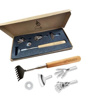 SCUUBY back scratch (6-part) made of high-quality stainless steel with bamboo handle i back scraper extendable with interchangeable attachments i telescopic back scratch i scratch hand i back scratcher