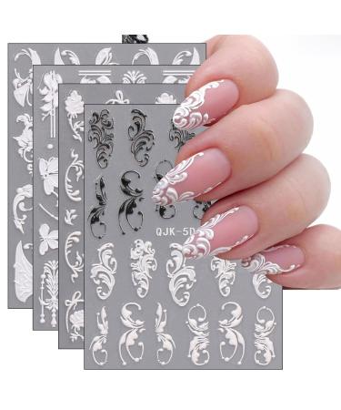 JMEOWIO 3D Embossed Black White Flower Nail Art Stickers Decals Self-Adhesive 5D Leaves Line Nail Supplies Nail Art Design Decoration Accessories 4 Sheets