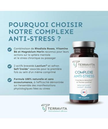 ANTI-STRESS Complex | Stress and Anxiety Reduction | Rhodiola + Marine Magnesium + Vitamin B6 | With Lactium and Safr Inside Patented Saffron | 60 Tablets | Made in France | Terravita - Buy Online on GoSupps.com