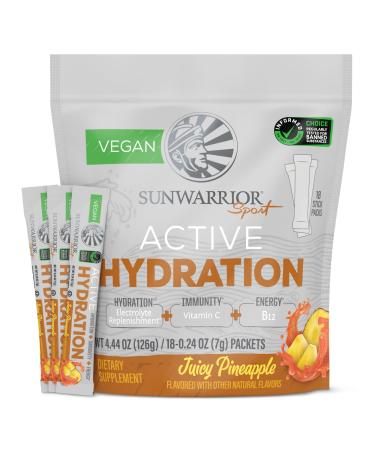 Sunwarrior Hydration Powder Electrolyte Packets Powder | Juicy Pineapple Flavored | 18 Stick Packs 126g Pouch | Vegan and Plant-Based Sugar Free | B12 Elderberry and Electrolytes | Active Hydration