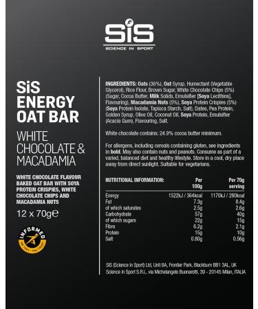 Science in Sport Energy Oat Bar 70g 12pack white chocolate & macadamia Delicious with 40g carbohydrates and 10g proteins a tasty snack for during your training White Chocoloate & Macadamia 12 Count Pack of 1 - Buy Online on GoSupps.com