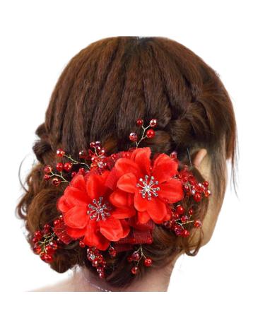 Smbcgdm Flower Decor Hair Barrette Faux Pearl Clip Exquisite Beidal Headpiece with Rhinestone Fake Luxury Anti-slip Red