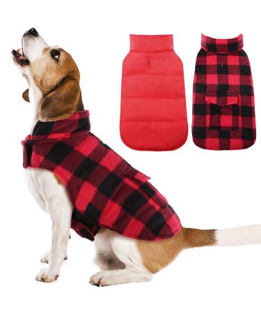 Kuoser Cozy Dog Winter Coat, Windproof Dog Jacket British Style Plaid Cold Weather Dog Coat Reversible Warm Dog Vest for Small Medium Large Dogs XS-3XL X-Large (Chest Girth: 24.4-29.9'') Red