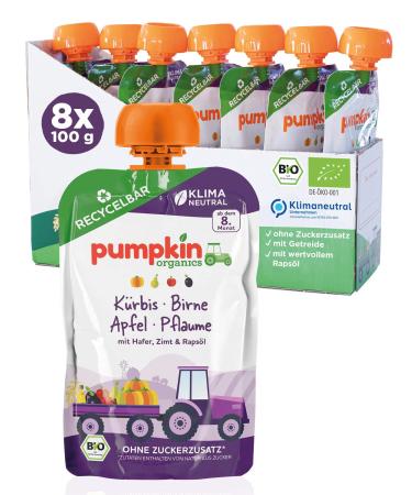 Organic squeeze pumpkin pear apple plum oats cinnamon & rapeseed oil - vegetable puree fruit puree and cereals for babies from the 8th month.Recyclable squeezing bag 8 Pack (8x100g)