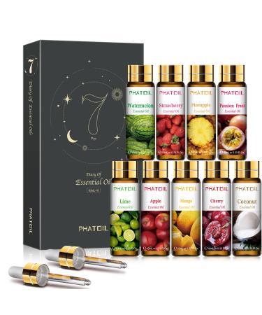 PHATOIL 9PCS Fruity Essential Oils Gift Set, 10ml/0.33fl.oz Fragrance Oils for Soap, DIY Candle, Bath Bombs Making, Fruit Scented Oils for Diffusers for Home Coconut 0.33 Fl Oz (Pack of 9)