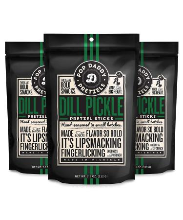 Pop Daddy Dill Pickle, 7.5oz Healthy Bold Gourmet Flavored Pretzel Sticks (3 Pack)