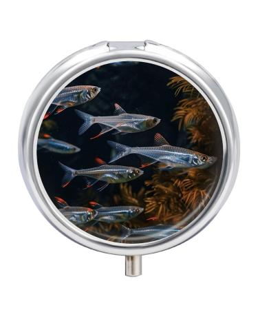 Pill Box Pill Case 3 Compartment Travel Pill Box Transparent Fish Swimming Printing Small Pill Box Portable Medicine Pill Case Pill Organizer for Purse & Pocket for Travel Handbag (Round)