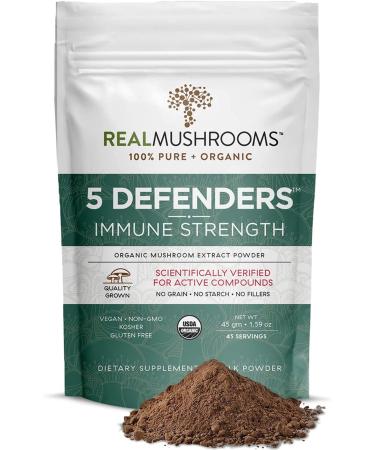 Organic 5 Defenders Immune Support Mushroom Extract Powder (45 Day Supply) with Vegan Chaga, Shiitake, Maitake, Turkey Tail, & Reishi Mushroom