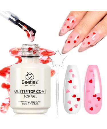 beetles Gel Polish 15ML Clear Pink Color Gel Top Coat With Pink & Red Heart Shape Gift for Mom Glass Polish Soak Off UV No Wipe Gel Top Coat Reflective Glitter for Sparkle Nails