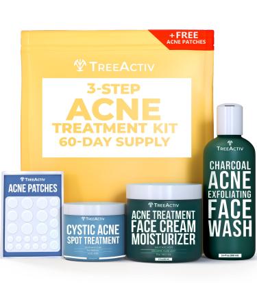 3 Step Acne Treatment Kit, Charcoal Face Wash, Bentonite Pimple Spot Clay, Salicylic Acid Facial Moisturizer with Bonus Blemish Patches, Acne Treatment for Teens and Adults, 60-Day Supply by Tree Active