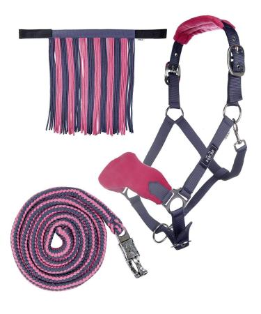 HKM 4057052289644 Halter with rope panic & fly fringes9539 Grey/Pink Warmblood Grey / Pink Warmblood WB Full