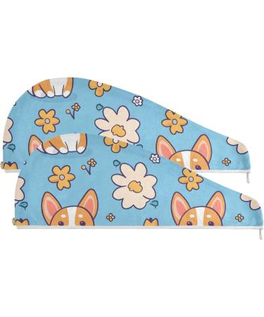 Baby Welsh Dog Flowers Hair Towel 2 Pack - Super Absorbent Quick Dry Hair Turbans for Women & Girls | Stylish & Functional Head Towel - Buy Online on GoSupps.com