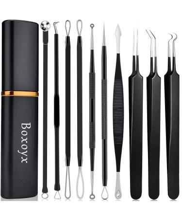 Pimple Popper Tool Kit - Boxoyx 10 Pcs Blackhead Remover Comedone Extractor Kit with Metal Case for Quick and Easy Removal of Pimples, Blackheads, Zit Removing, Forehead,Facial and Nose(Black)
