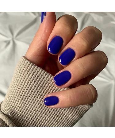 BNUUTIM Square Press on Nails Blue Fake Nails Short False Nails with Designs Solid Color Glossy Glue on Nails UV Finishing Natural Acrylic Nails Squoval Nails Stick on Fingernails Manicure for Women and Girls