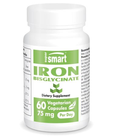 Supersmart - Iron Bisglycinate 75 mg Per Day - Highly Bio-Available & Well-Tolerated Form of Iron | Non-GMO & Gluten Free - 60 Vegetarian Capsules