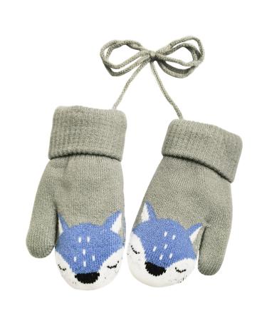 iEasey Cute Baby Winter Knitted Warm Mittens On String 0-3 Years Infant Toddler Fox Thick Fleece Lined Gloves Kid Thermal Ski Snow Gloves Cold Weather Hand Warmer for Baby Girls Boys Xmas Gift Grey #C Grey