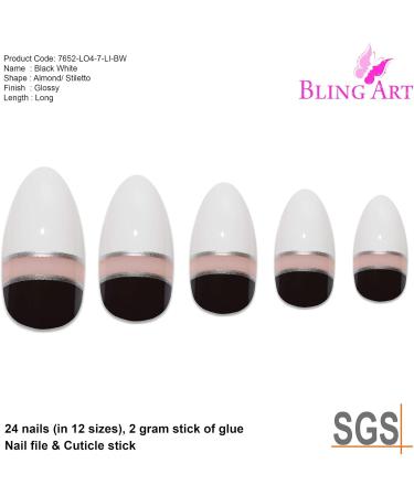 Bling Art Almond False Nails Fake Stiletto Gel Glitter Glossy Acrylic Long 24 Tips Glue (Black White Glossy) - Buy Online on GoSupps.com