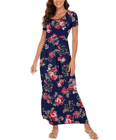 YUNDAI Womens Maxi Dress Summer Maternity Casual Short Sleeve Floral Loose Long Dresses Plus Size Ladies Dress with Pocket 03-Short Sleeve S B06 Rose Navy