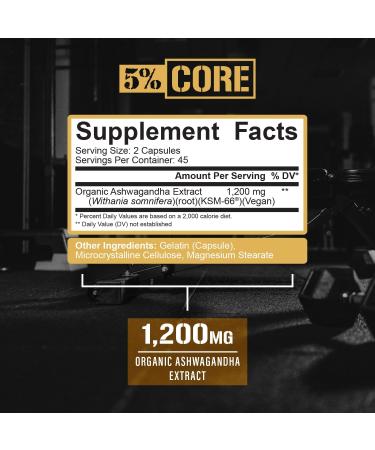5% Nutrition Core KSM-66 Ashwagandha | 1,200mg Organic Ashwagandha Root Powder Extract | High Potency 5% Withanolides (45 Servings, 90 Capsules) - Buy Online on GoSupps.com
