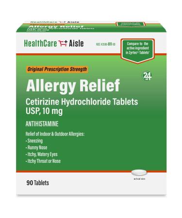 HealthCareAisle Allergy Relief - Cetirizine Hydrochloride Tablets USP 10 mg 90 Tablets Original Prescription Strength Allergy Medication 24-Hour Allergy Relief 90 Count (Pack of 1)