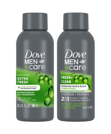 Dove Men+Care Travel Essentials Bundle  Extra Fresh Body & Face Wash & Fresh + Clean 2-in-1 Shampoo 3 Oz Ea