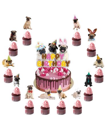 25 Pcs Pug Cake Topper Cupcake Toppers Pug Dog Cake Decorations for Pug Party Decorations Pug Birthday Party Supplies