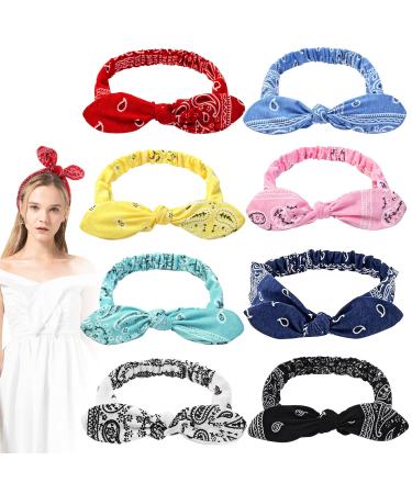 Cositina 8 Pack Bandana Headband Elastic Paisley Knot Hairbands Retro Print Rabbit Ear Bow Turban Headwrap for Women Girls