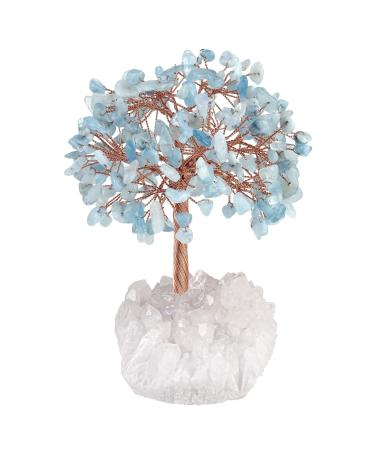 Kyeygwo aquamarine healing crystal money tree on natural mountain crystal druse rodstein base feng shui bonsai tree stone luck tree figure gemstone tree ornament house decor