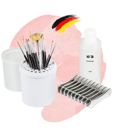 Nail design set - brush fine hair + nail art picker + brush holder + brush cleaner + box - 20 pieces