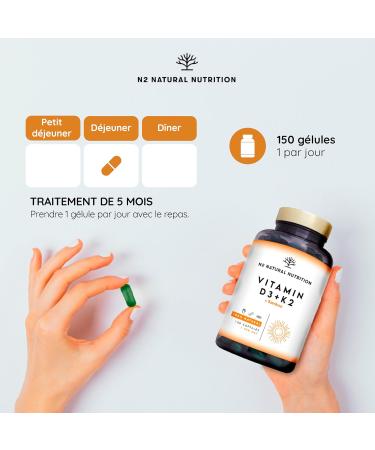 Vitamin D3 K2 Natural High Dosage Vitamin D3 5000 iu + Vitamin K2 MK7 200 g + Silicon Contributes to Immune System Functioning Bones and Teeth 150 Capsules N2 Natural Nutrition - Buy Online on GoSupps.com