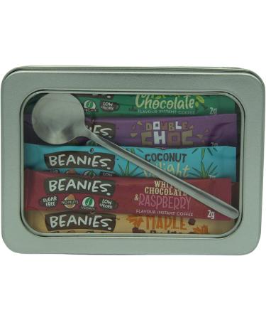 Beanies Flavoured Instant Coffee Sachets - 20 Sticks Mixed Varieties - Bundle with TinTastic Silver Refillable Lid Tin and Latte Spoon - Quick and Tasty On-the-Go - Buy Online on GoSupps.com