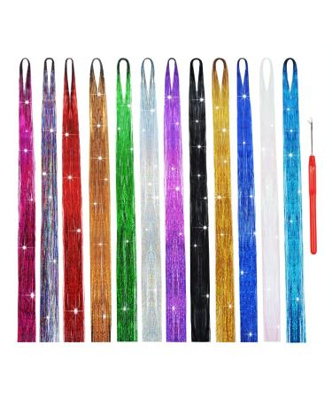 Hair Tinsel Strands Kit with Tool 47 Inch 2400 Strands Colorful Sparkling Shiny Hair Extensions Tinsel (12 Colors)