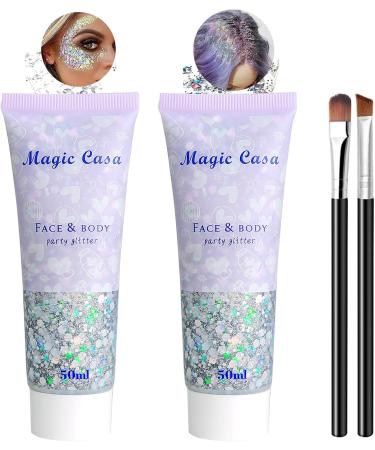 2-Piece Body Glitter Gel Set - Mermaid Sequin Sparkling Chunky Glitter for Face Hair & Lips | Festival Makeup & Masquerade Birthday - Includes 2 Silver Gels & 2 Brushes - Buy Online on GoSupps.com