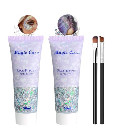 2 pieces body glitter gel mermaid sequin sparkling chunky glitter liquid gel face hair lips glitter for festival glitter masquerade birthday makeup 2 silver with 2 brushes