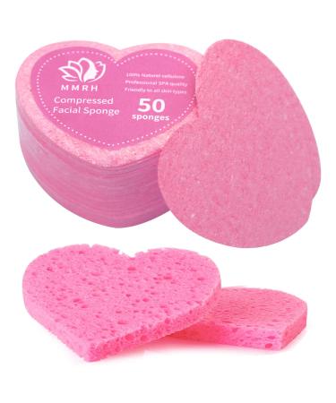 MMRH Facial Sponges Heart Shape Compressed Facial Sponges Natural Facial Cleansing Sponges Pads Exfoliating Sponges for Cleansing Reusable 50 Pieces (Pink)