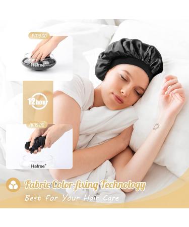 Hafree Silk Satin Bonnet Sleep Cap with Scrunchies - Double Layer Lined Bonnet for Curly Hair | Black - Buy Online on GoSupps.com